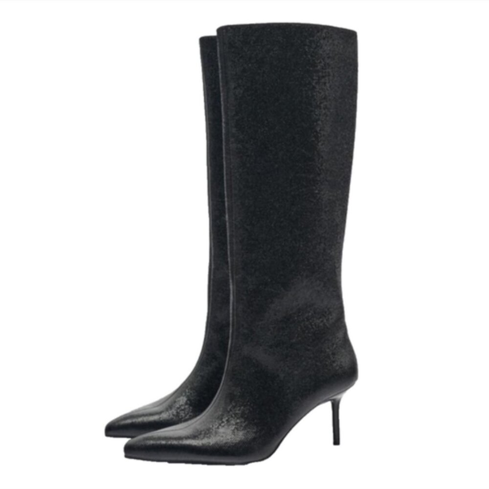 Zara Shiny Knee High Heeled Boots